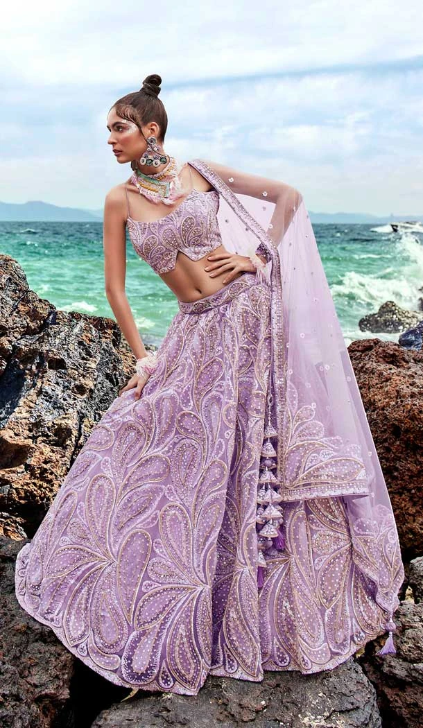 Lavender Net sequins Work Designer mehendi and sangeet ceremony Lehenga Choli - 8078180187