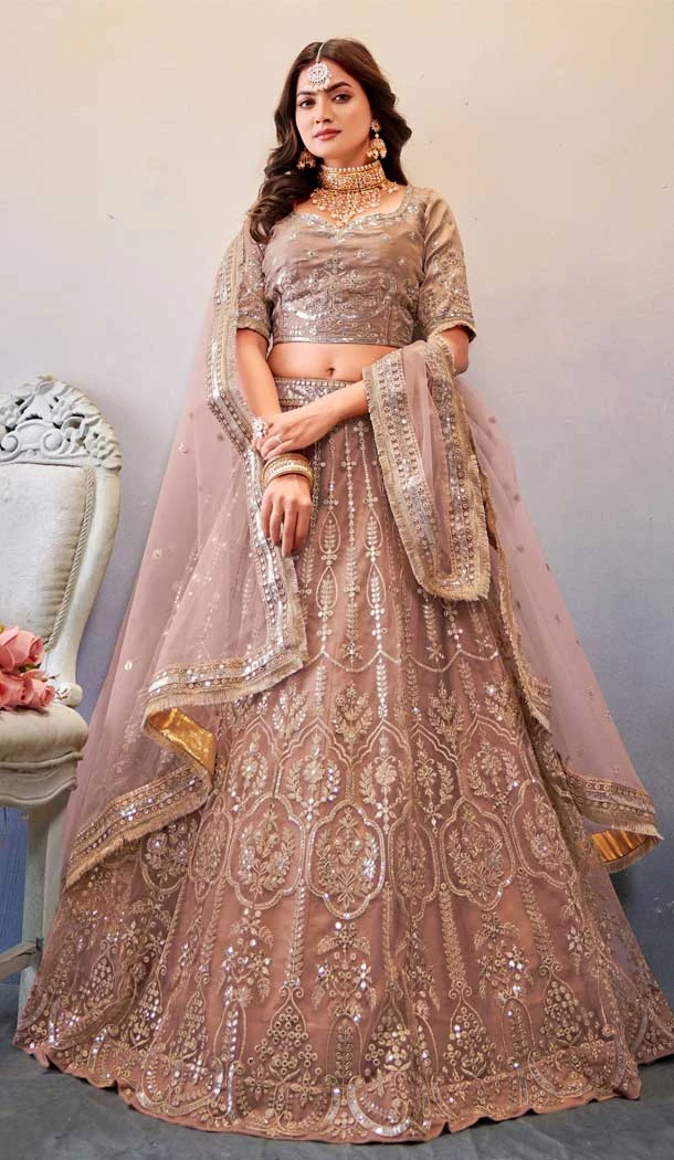 Sequins Work In Butterfly Net Light Mauve Color Mehendi and Sangeet Ceremony Lehenga Choli - 8090180277