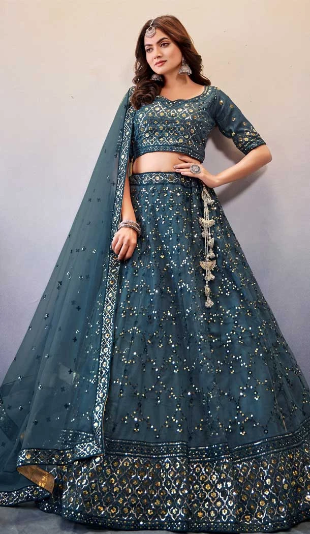 Sequins Work In Butterfly Net Teal Blue Color Mehendi and Sangeet Ceremony Lehenga Choli - 8090180278