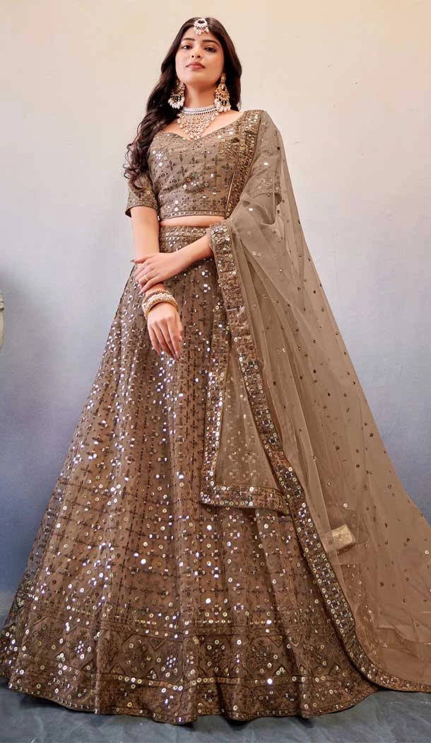 Sequins Work In Butterfly Net Light Brown Color Mehendi and Sangeet Ceremony Lehenga Choli - 8090180279