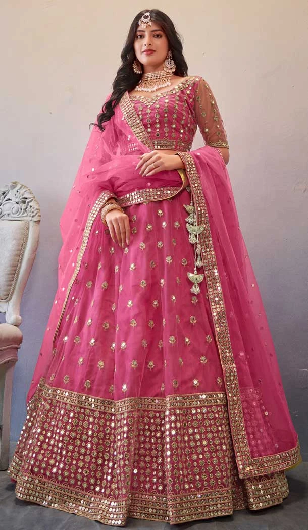 Mehendi and Sangeet Butterfly Net Sequins Work Designer Lehenga Choli In Pink - 8091180280