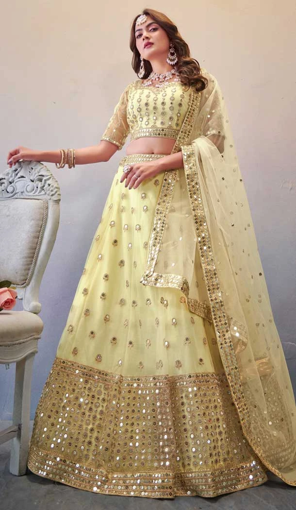 Mehendi and Sangeet Butterfly Net Sequins Work Designer Lehenga Choli In Light Cream - 8091180281