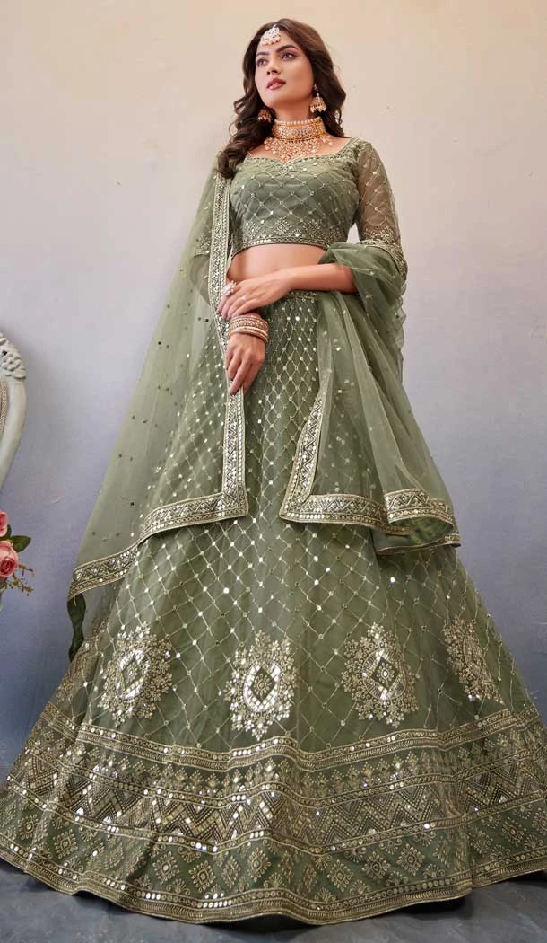 Sparkling Mehendi Green Butterfly Net Sequins Work Sangeet Wear Lehenga Choli - 8092180283