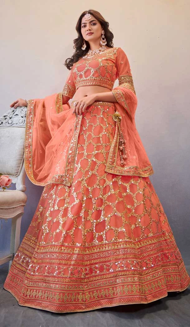Fancy Light Orange Butterfly Net Sequins Work Sangeet Wear Lehenga Choli - 8092180286