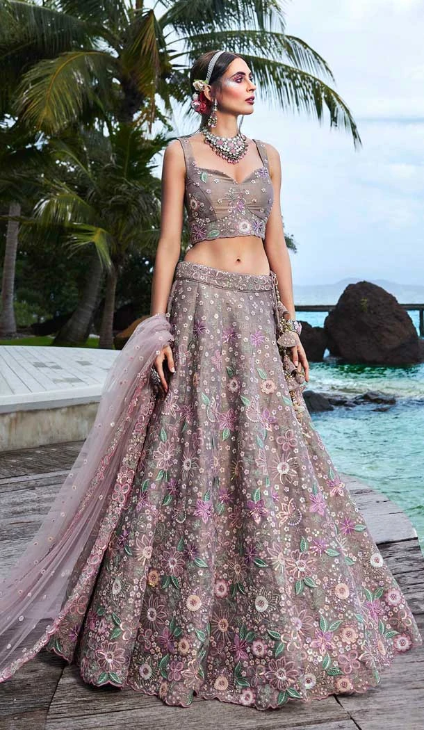 Rose Gold Net Embroidered Designer Heavy Wedding Wear Lehenga Choli - 8093180288
