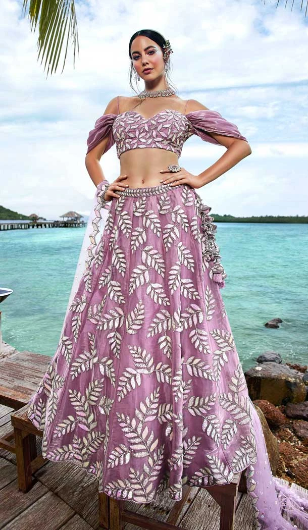 Mauve Organza Embroidered Designer Heavy Wedding Wear Lehenga Choli - 8093180289