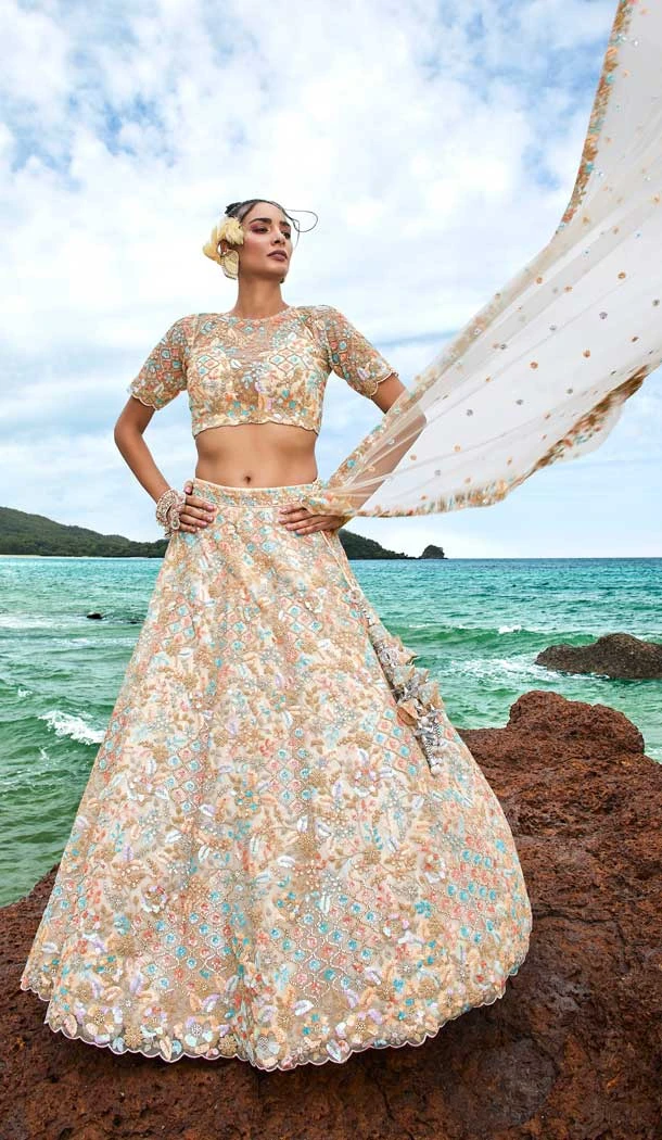 Net Cream Color Embroidered Designer Heavy Wedding Wear Lehenga Choli - 8093180292