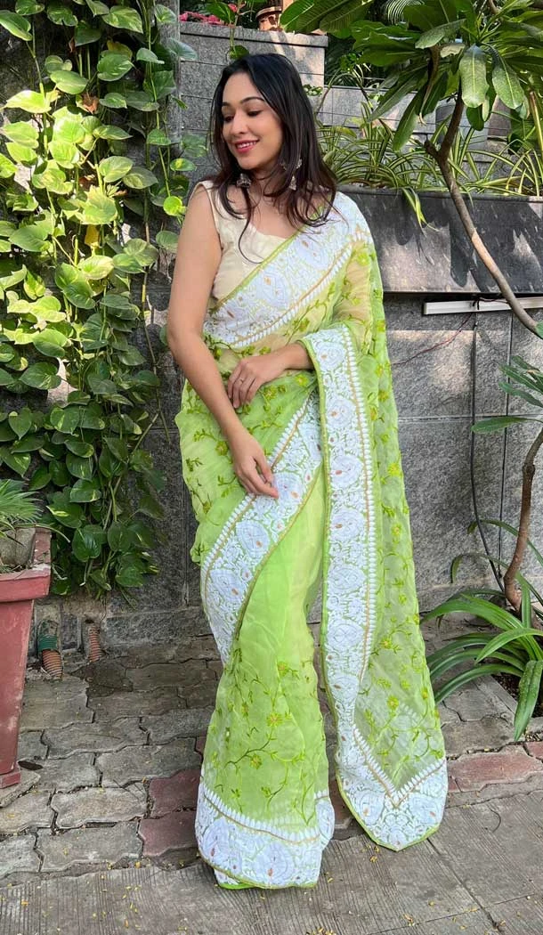 Festival Party Wear Embroidery Work Organza Saree In Green - 8098180308