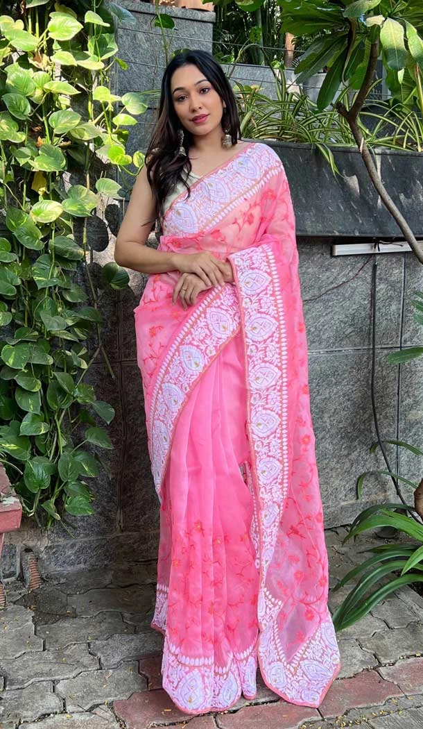 Festival Party Wear Embroidery Work Organza Saree In Pink - 8098180309