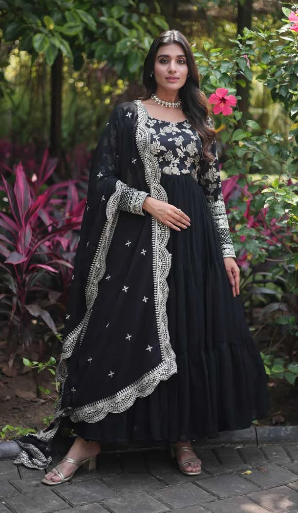 Readymade Black Viscose Embroidery Work Party Wear Gown With Dupatta - 8101180357