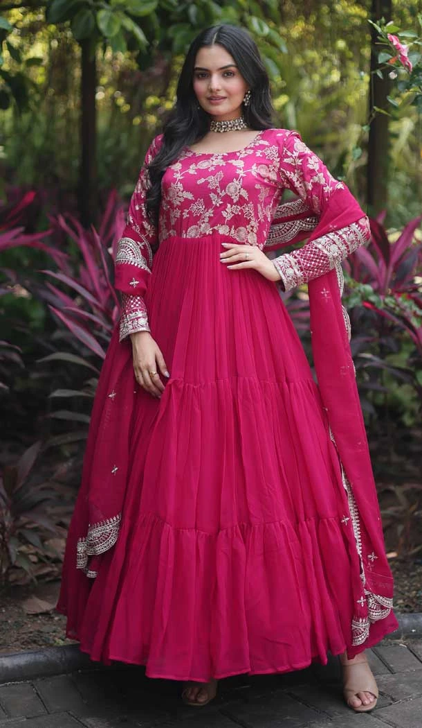 Readymade Pink Viscose Embroidery Work Party Wear Gown With Dupatta - 8101180358