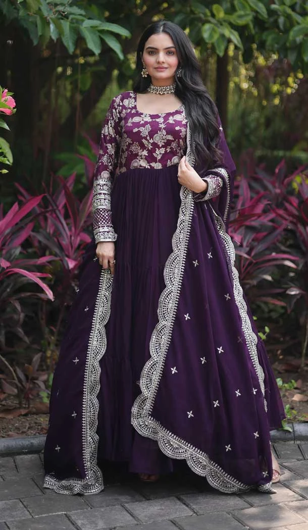 Readymade Wine Viscose Embroidery Work Party Wear Gown With Dupatta - 8101180359