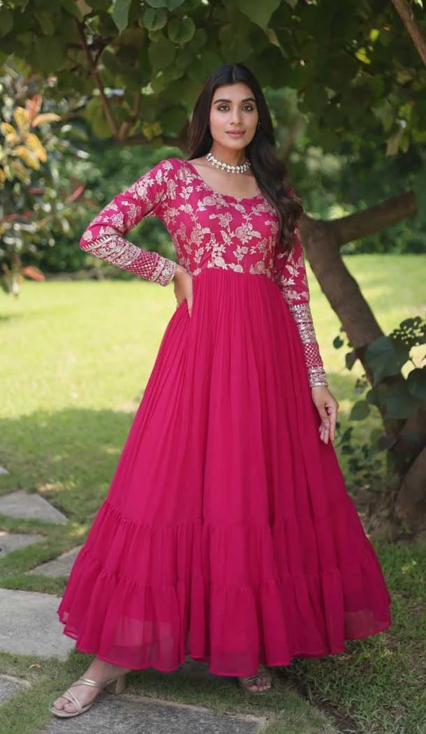 Pink Designer Jacquard Work Readymade Function Wear Gown - 8102180361