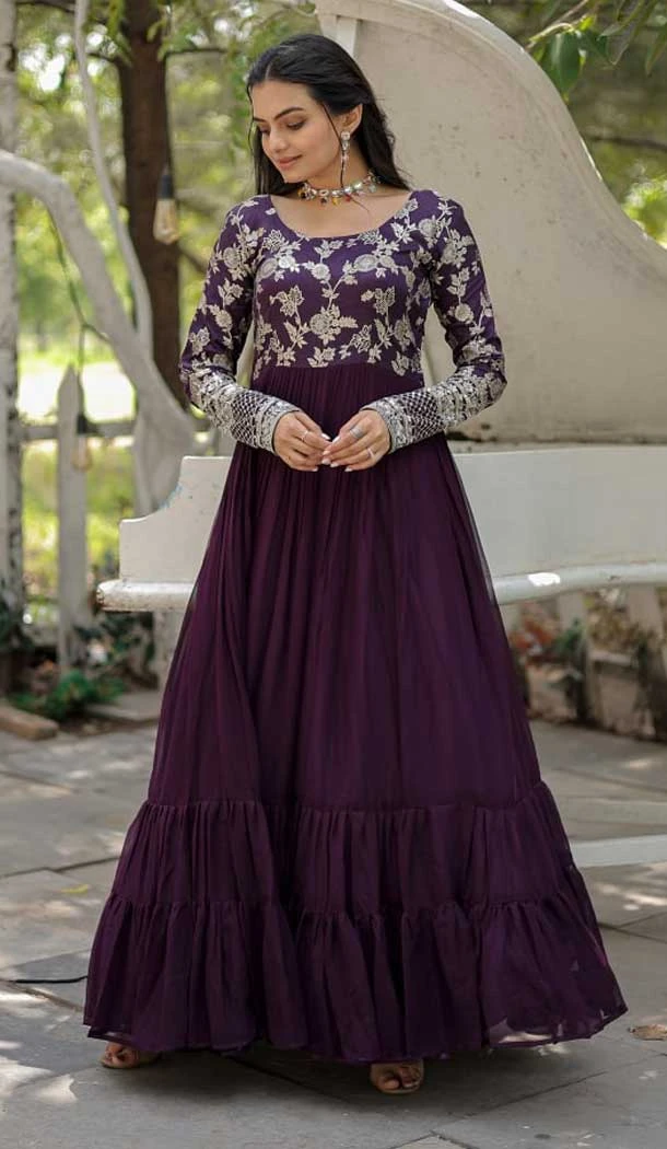 Wine Designer Jacquard Work Readymade Function Wear Gown - 8102180362