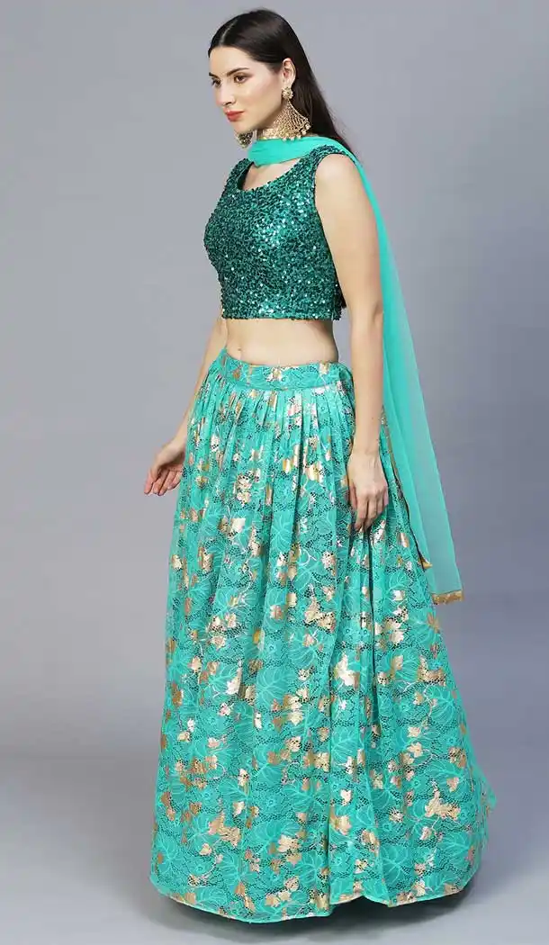 Sequins And Print Work Nylon Net Party Wear Lehenga Choli In Teal Green - 8112180407