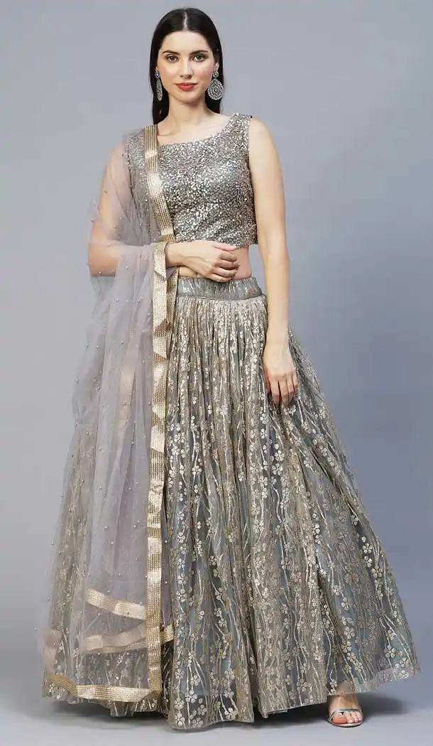 Sequins And Embroidery Work Nylon Net Party Wear Lehenga Choli In Grey - 8112180408