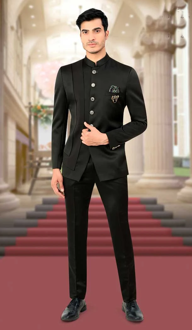 Black Rayon And Satin Hand Work Readymade Men's Wedding Wear Jodhpuri - 81051800370