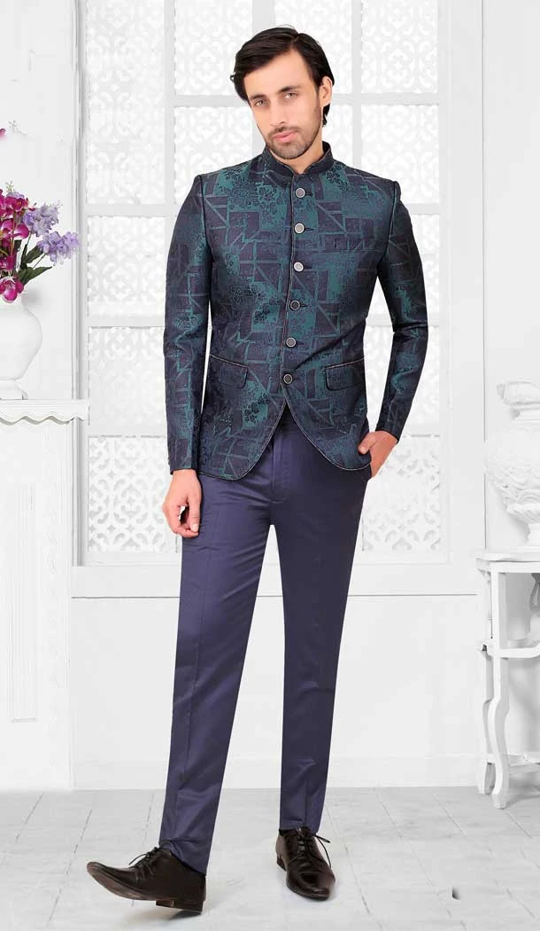 Blue Rayon Hand Work Readymade Men's Wedding Wear Jodhpuri - 81051800372