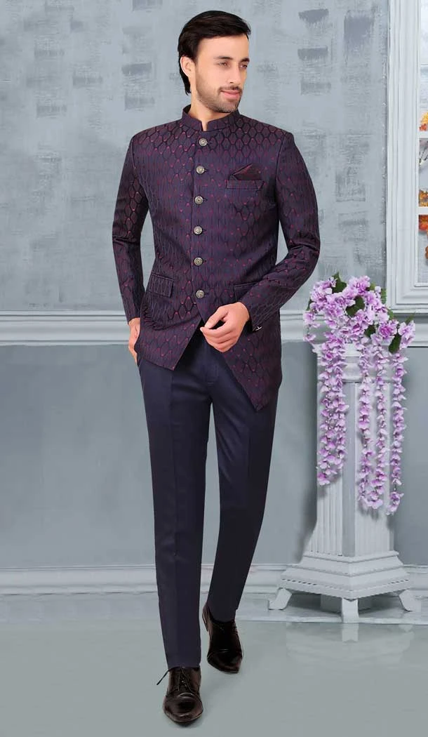 Blue And Wine Rayon Hand Work Readymade Men's Wedding Wear Jodhpuri - 81051800373