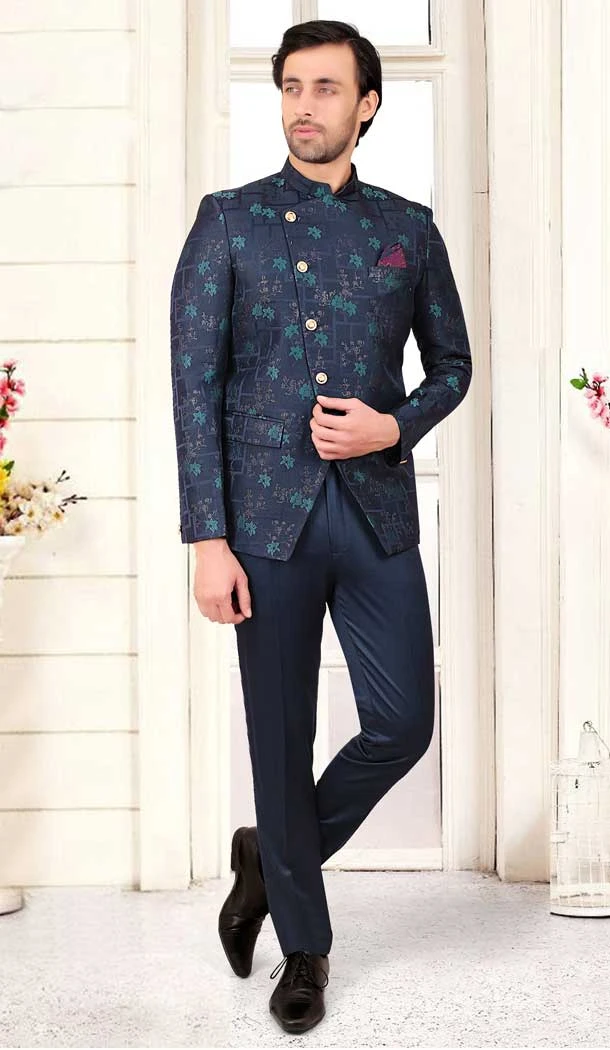 Blue And Firozi Rayon Hand Work Readymade Men's Wedding Wear Jodhpuri - 81051800374
