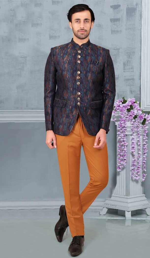 Blue And Gold Rayon Hand Work Readymade Men's Wedding Wear Jodhpuri - 81051800375