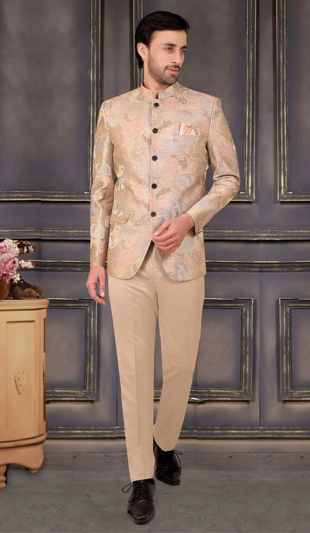 Beige Brocade Hand Work Readymade Men's Wedding Wear Jodhpuri - 81051800376