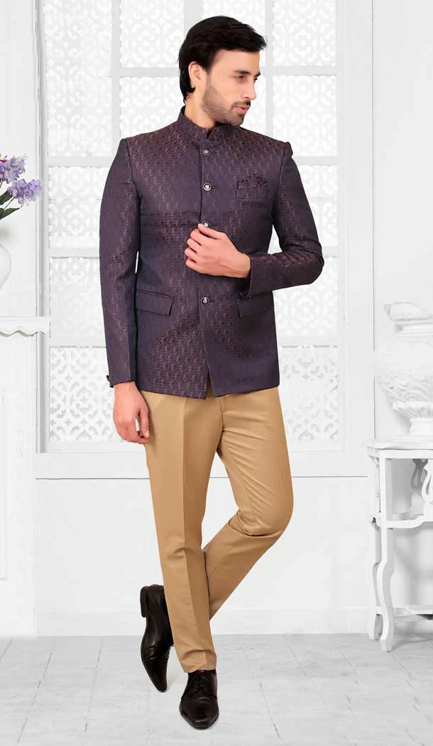 Blue And Maroon Rayon Hand Work Readymade Men's Wedding Wear Jodhpuri - 81051800377