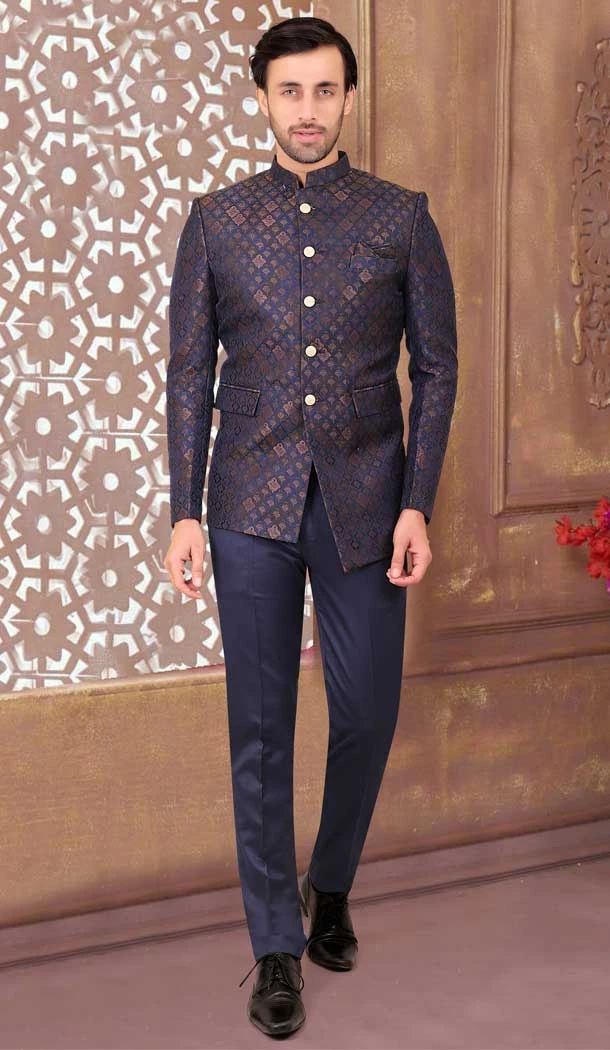 Rayon Blue And Gold Hand Work Readymade Men's Wedding Wear Jodhpuri - 81051800378