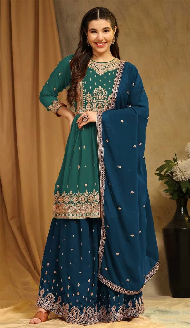 Faux Georgette Sequins Embroidery Work Festival Wear Sharara Suit In Aqua Blue - 8118180433