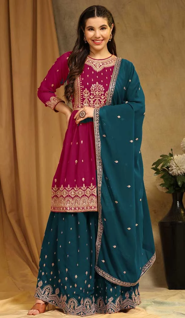 Faux Georgette Sequins Embroidery Work Festival Wear Sharara Suit In Pink - 8118180434