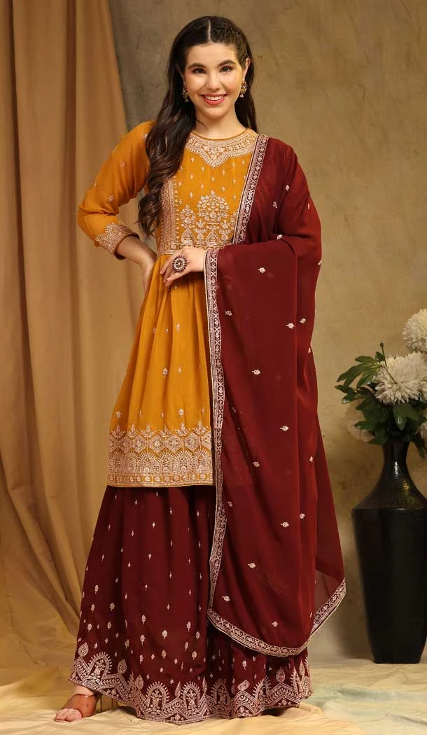Faux Georgette Sequins Embroidery Work Festival Wear Sharara Suit In Yellow - 8118180435