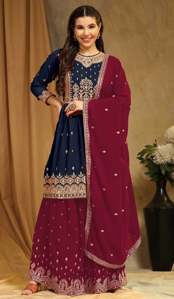 Faux Georgette Sequins Embroidery Work Festival Wear Sharara Suit In Blue - 8118180436