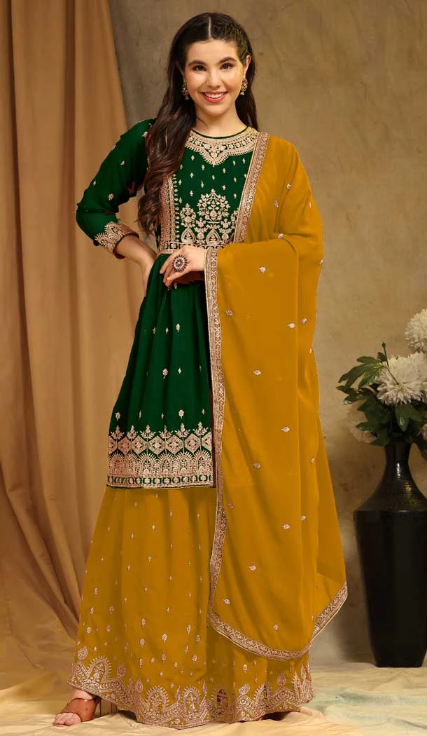 Faux Georgette Sequins Embroidery Work Festival Wear Sharara Suit In Green - 8118180437