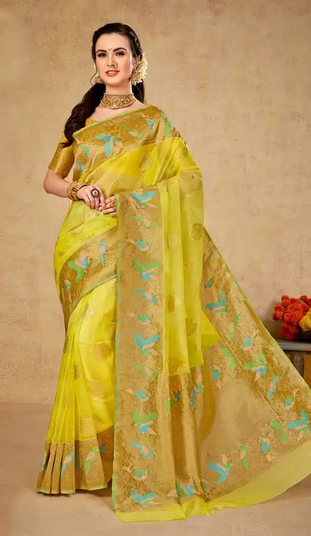 Lemon Color Organza Traditional Zari Weaving Work Function Wear Saree - 8119180438