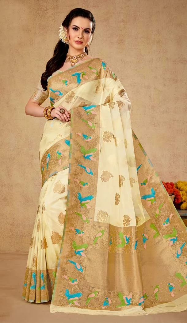 White Color Organza Traditional Zari Weaving Work Function Wear Saree - 8119180440