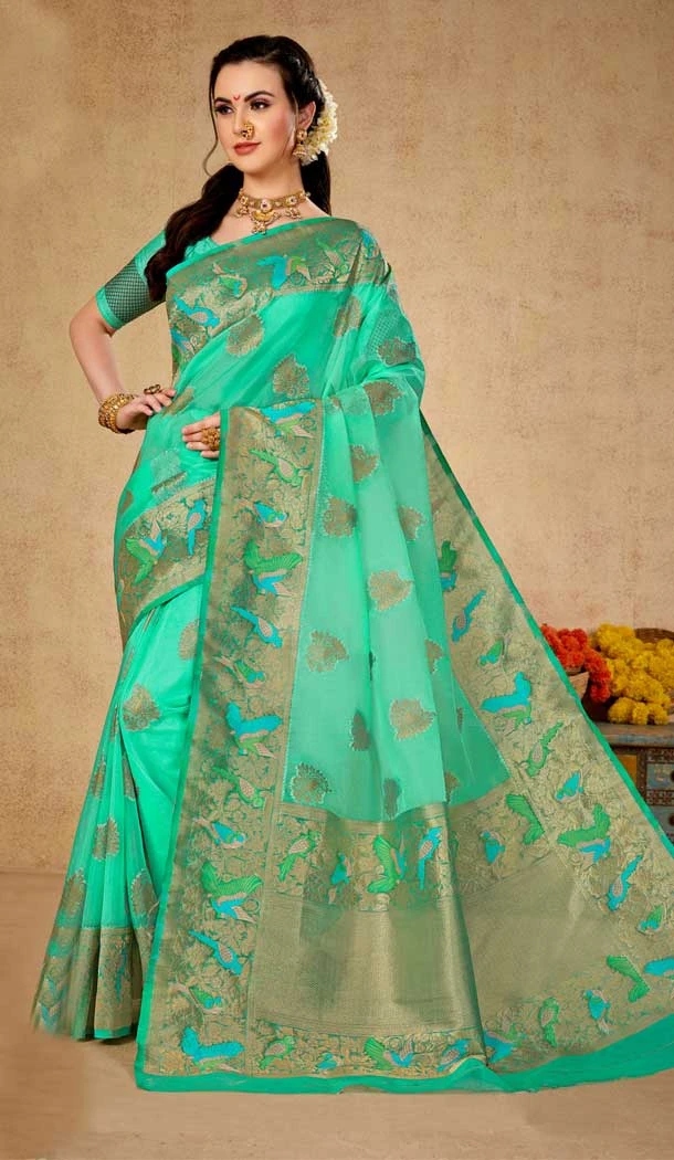 Sea Green Color Organza Traditional Zari Weaving Work Function Wear Saree - 8119180441