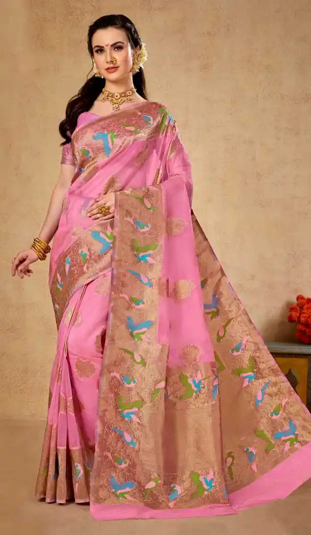 Pink Color Organza Traditional Zari Weaving Work Function Wear Saree - 8119180442