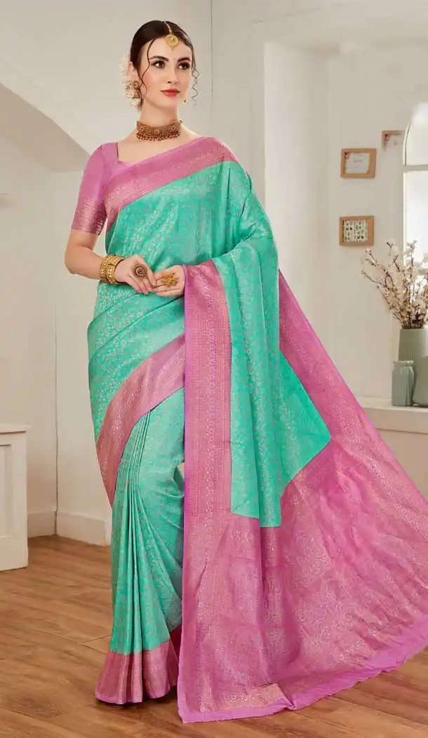 Jamdani Silk Sea Green Color Zari Weaving Work Traditional Festival Wear Saree - 8120180444