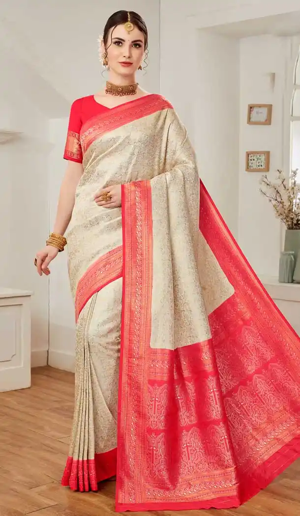 Jamdani Silk Off White Color Zari Weaving Work Traditional Festival Wear Saree - 8120180445