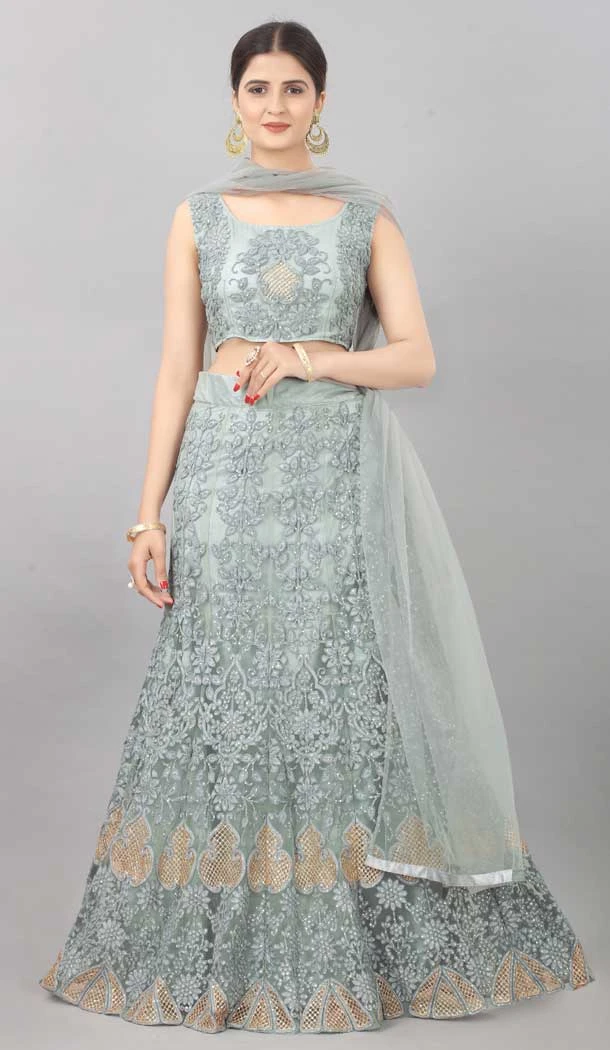 Designer Sequins Work Net Grey Color Party Wear Lehenga Choli - 8132180548