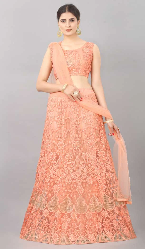 Designer Sequins Work Net Orange Color Party Wear Lehenga Choli - 8132180549