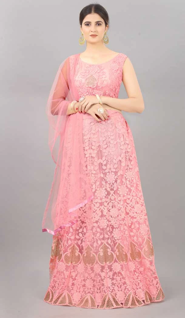 Designer Sequins Work Net Pink Color Party Wear Lehenga Choli - 8132180550