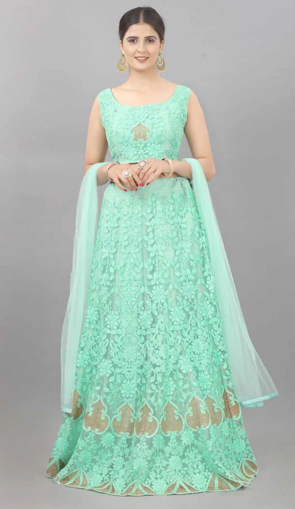 Designer Sequins Work Net Turquoise Color Party Wear Lehenga Choli - 8132180551