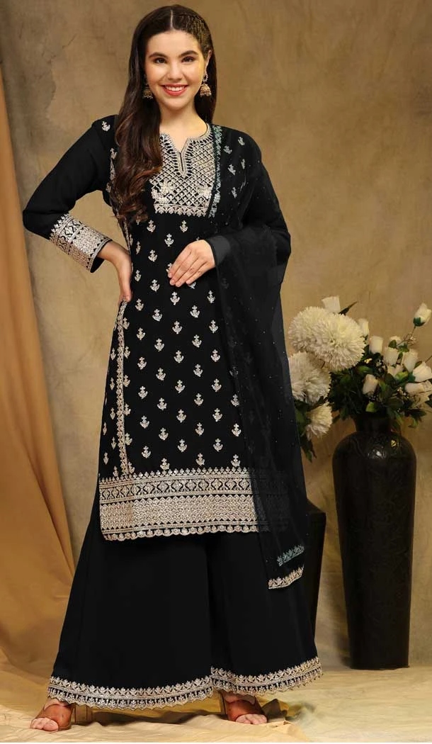 Black Faux Georgette Embroidered Traditional Festival Wear Palazzo Salwar Kameez - 81361180603