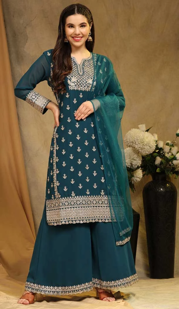 Aqua Blue Faux Georgette Embroidered Traditional Festival Wear Palazzo Salwar Kameez - 81361180604