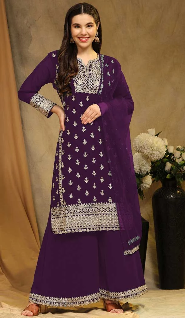 Purple Faux Georgette Embroidered Traditional Festival Wear Palazzo Salwar Kameez - 81361180605