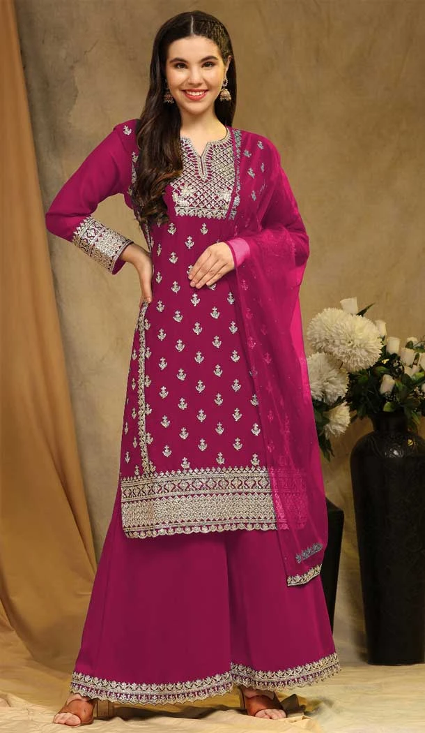 Pink Faux Georgette Embroidered Traditional Festival Wear Palazzo Salwar Kameez - 81361180606