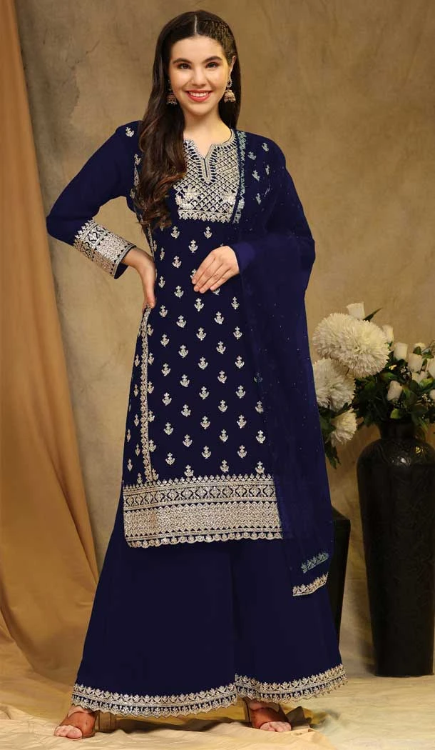 Blue Faux Georgette Embroidered Traditional Festival Wear Palazzo Salwar Kameez - 81361180607