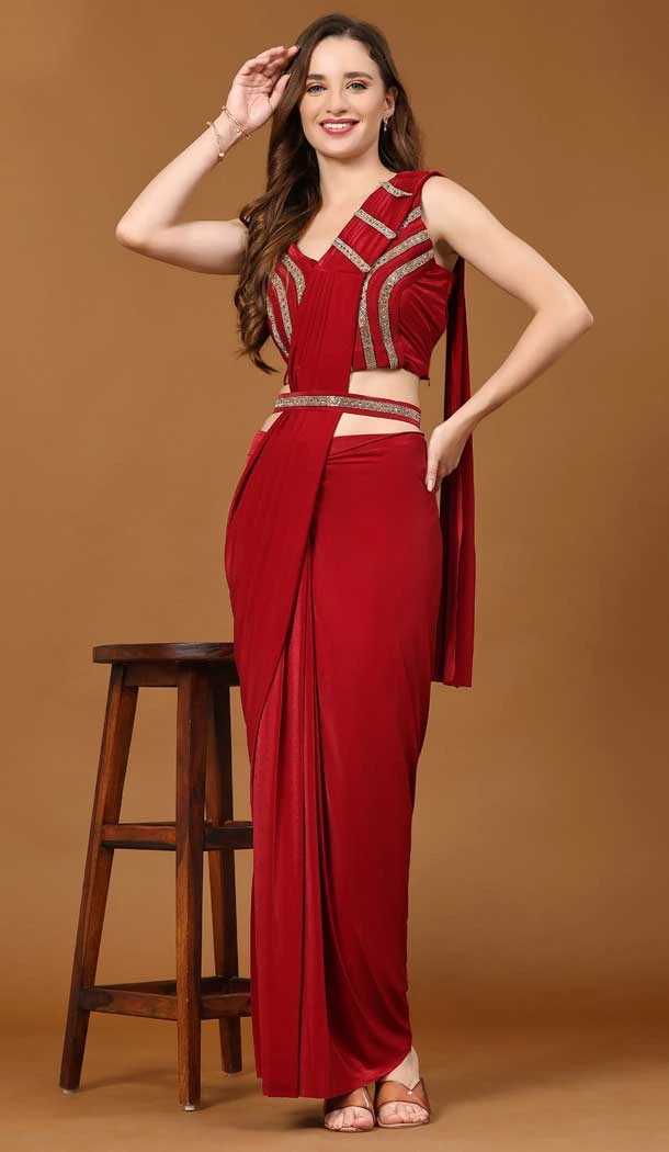 Imported Crystal Heavy Lace Work Designer Readymade Party Wear Saree In Red - 837180608