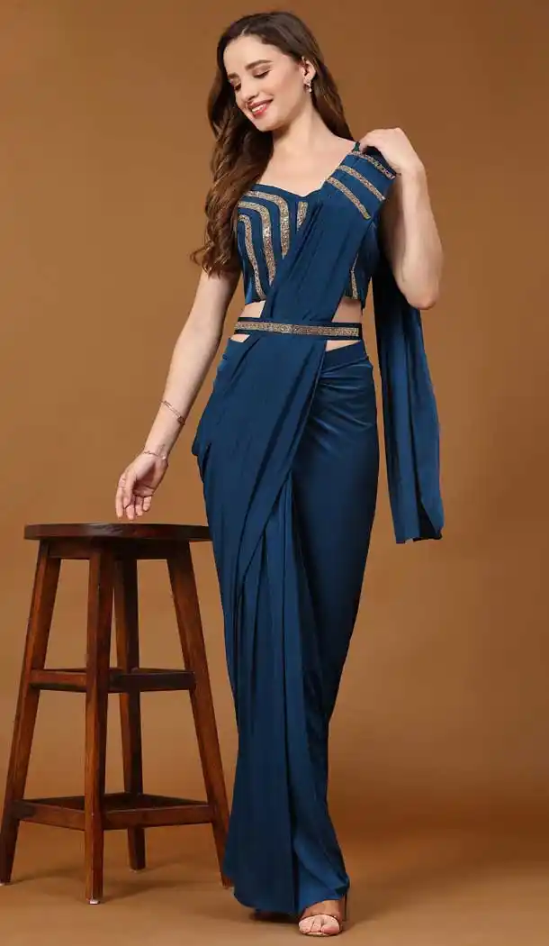 Imported Crystal Heavy Lace Work Designer Readymade Party Wear Saree In Navy Blue - 837180609